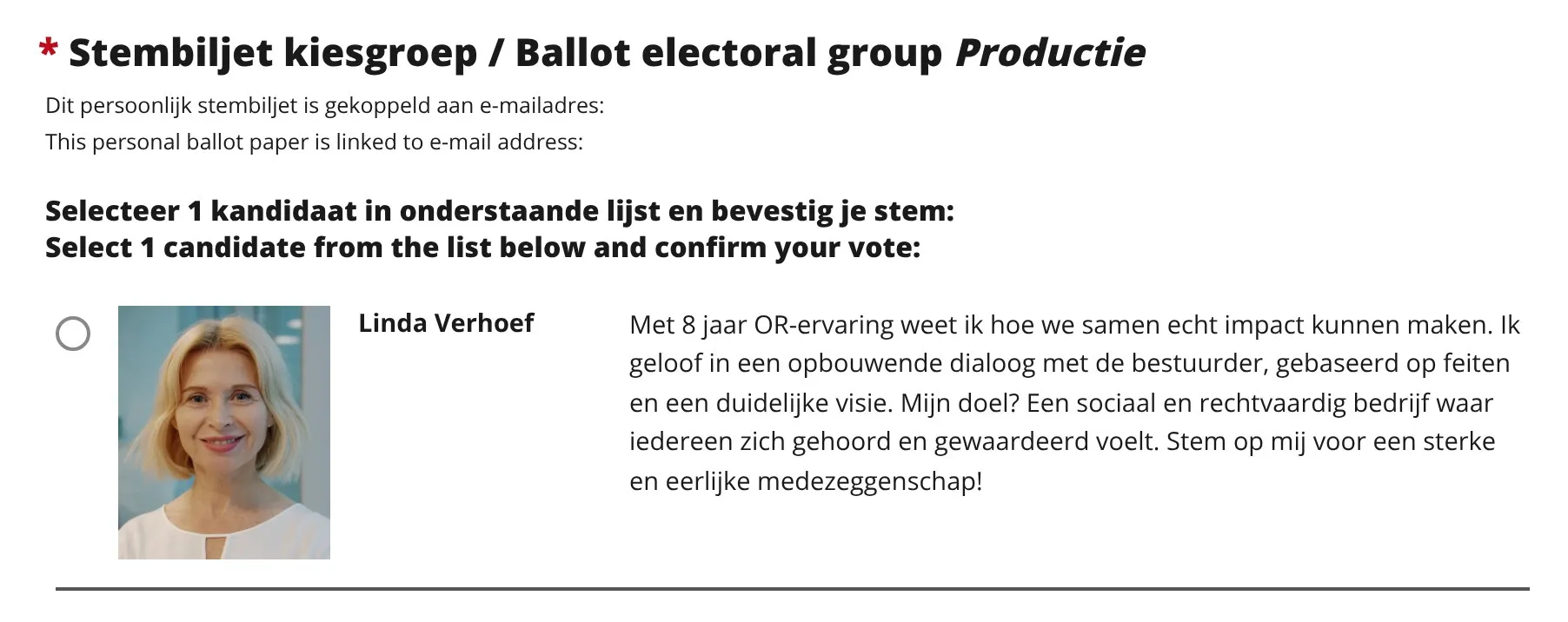 Voorbeeld van een stembiljet met foto en motivatie van een kandidaat